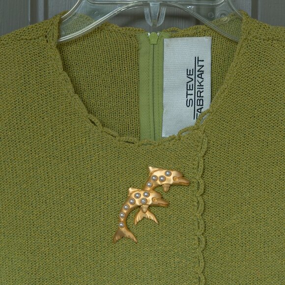Steve Fabrikant Dress Chartreuse Santana Knit Wool VTG 80s Gold Button Gaudy - Picture 11 of 13